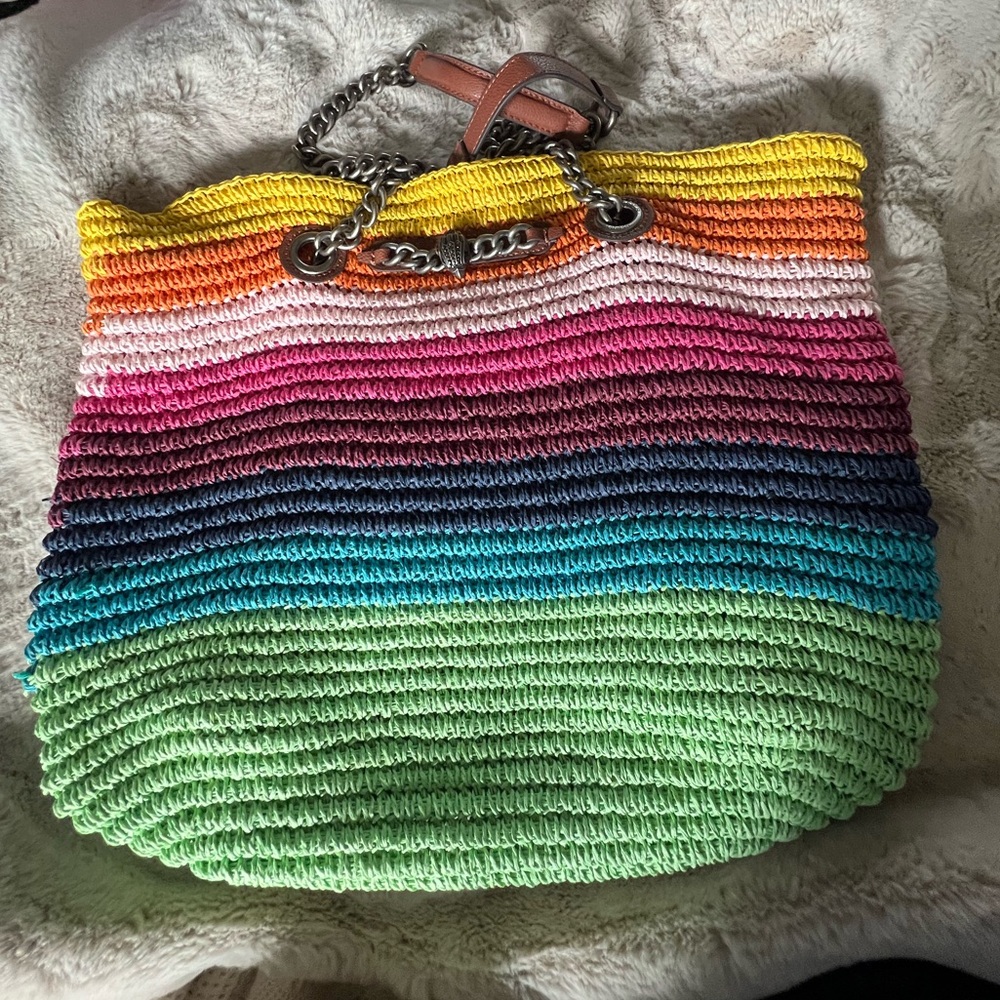 Kurt Geiger Chelsea Raffia Rainbow Stripe Tote Chain Strap Summer Bag